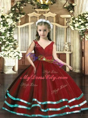 Wine Red V-neck Neckline Beading and Ruching Little Girl Pageant Dress Sleeveless Backless