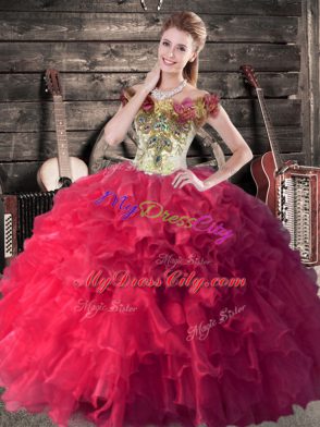 Off The Shoulder Sleeveless Organza Quinceanera Gowns Embroidery and Ruffles Lace Up