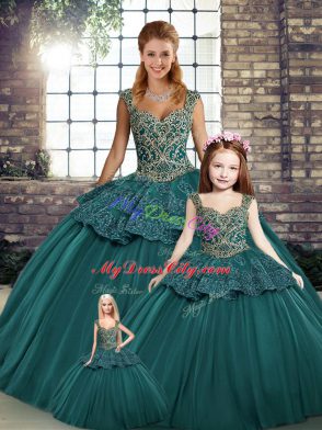 Superior Floor Length Lace Up Ball Gown Prom Dress Green for Military Ball and Sweet 16 and Quinceanera with Beading and Appliques