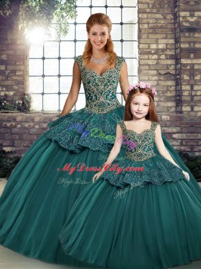 Superior Floor Length Lace Up Ball Gown Prom Dress Green for Military Ball and Sweet 16 and Quinceanera with Beading and Appliques