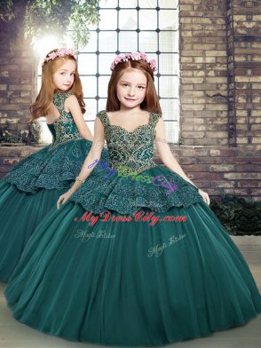 Superior Floor Length Lace Up Ball Gown Prom Dress Green for Military Ball and Sweet 16 and Quinceanera with Beading and Appliques