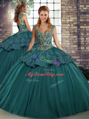 Superior Floor Length Lace Up Ball Gown Prom Dress Green for Military Ball and Sweet 16 and Quinceanera with Beading and Appliques