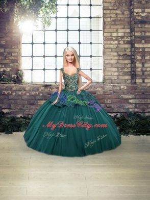 Superior Floor Length Lace Up Ball Gown Prom Dress Green for Military Ball and Sweet 16 and Quinceanera with Beading and Appliques