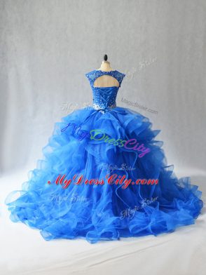 Dramatic Royal Blue Sleeveless Beading and Lace Lace Up Quinceanera Dresses