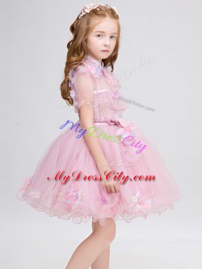 Fantastic Baby Pink Zipper Flower Girl Dress Appliques Short Sleeves Mini Length