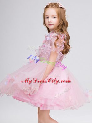 Fantastic Baby Pink Zipper Flower Girl Dress Appliques Short Sleeves Mini Length