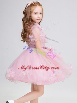 Fantastic Baby Pink Zipper Flower Girl Dress Appliques Short Sleeves Mini Length