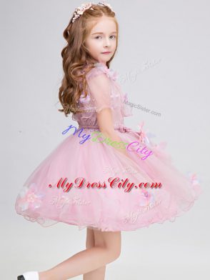 Fantastic Baby Pink Zipper Flower Girl Dress Appliques Short Sleeves Mini Length