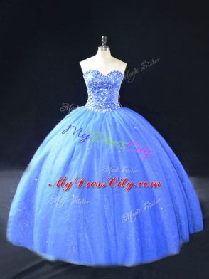 Blue Tulle Lace Up Vestidos de Quinceanera Sleeveless Floor Length Beading