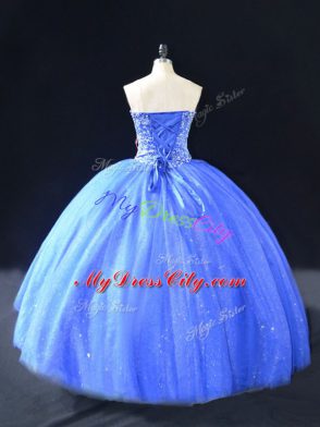 Blue Tulle Lace Up Vestidos de Quinceanera Sleeveless Floor Length Beading