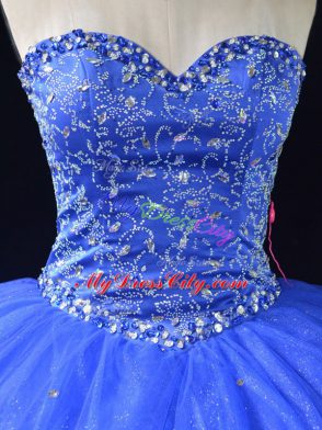 Blue Tulle Lace Up Vestidos de Quinceanera Sleeveless Floor Length Beading