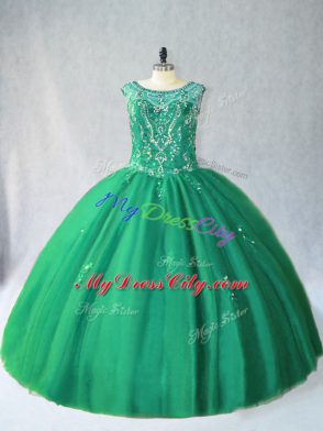 Nice Green Tulle Lace Up Scoop Sleeveless Floor Length Quinceanera Dresses Beading