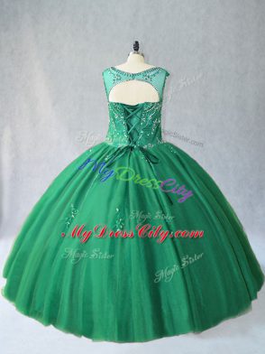 Nice Green Tulle Lace Up Scoop Sleeveless Floor Length Quinceanera Dresses Beading