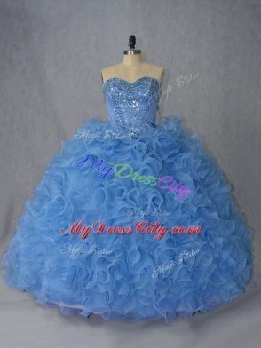 Vintage Blue Lace Up Sweetheart Beading and Ruffles Sweet 16 Quinceanera Dress Organza Sleeveless Brush Train