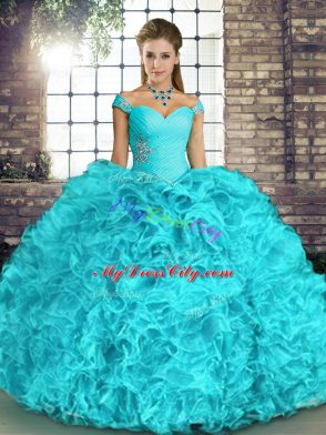 Customized Aqua Blue Organza Lace Up Quinceanera Gown Sleeveless Floor Length Beading and Ruffles