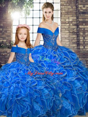 Ideal Royal Blue Vestidos de Quinceanera Military Ball and Sweet 16 and Quinceanera with Beading and Ruffles Off The Shoulder Sleeveless Lace Up