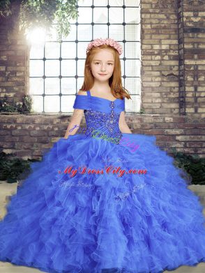 Custom Fit Blue Ball Gowns Tulle Straps Sleeveless Beading and Ruffles Floor Length Lace Up Pageant Gowns For Girls