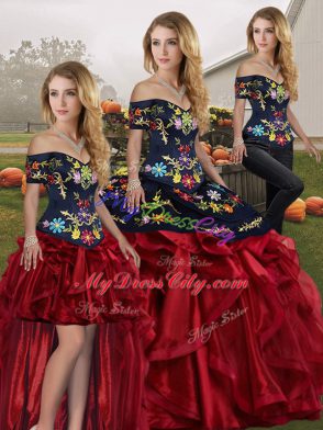 Traditional Floor Length Red And Black Quinceanera Gowns Off The Shoulder Sleeveless Lace Up