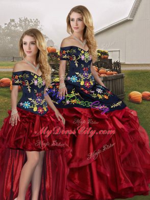 Traditional Floor Length Red And Black Quinceanera Gowns Off The Shoulder Sleeveless Lace Up