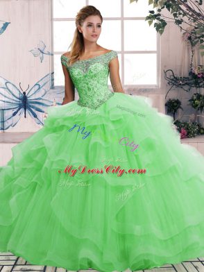 Lovely Green Tulle Lace Up Quinceanera Dress Sleeveless Floor Length Beading and Ruffles