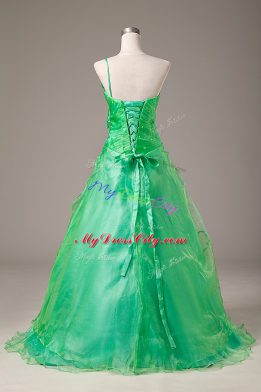 Discount Floor Length Green Ball Gown Prom Dress One Shoulder Sleeveless Lace Up