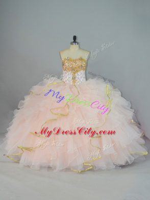 Luxurious Peach Ball Gowns Beading and Ruffles Quinceanera Dresses Lace Up Organza Sleeveless Floor Length