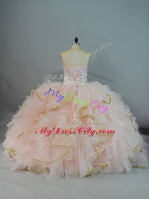 Luxurious Peach Ball Gowns Beading and Ruffles Quinceanera Dresses Lace Up Organza Sleeveless Floor Length