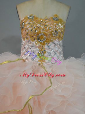 Luxurious Peach Ball Gowns Beading and Ruffles Quinceanera Dresses Lace Up Organza Sleeveless Floor Length