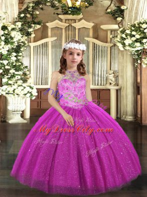 Classical Fuchsia Ball Gowns Tulle Halter Top Sleeveless Beading Floor Length Lace Up High School Pageant Dress