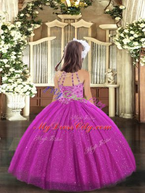 Classical Fuchsia Ball Gowns Tulle Halter Top Sleeveless Beading Floor Length Lace Up High School Pageant Dress