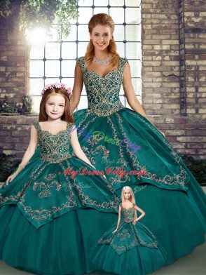 Simple Straps Sleeveless Sweet 16 Dress Floor Length Beading and Embroidery Teal Tulle