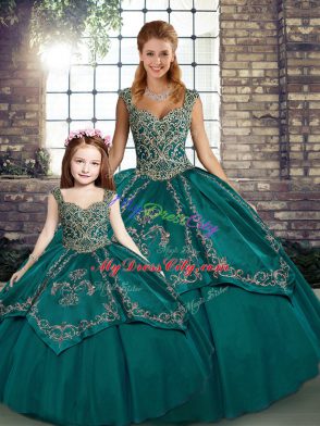 Simple Straps Sleeveless Sweet 16 Dress Floor Length Beading and Embroidery Teal Tulle