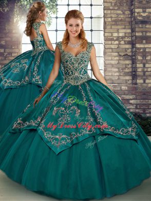 Simple Straps Sleeveless Sweet 16 Dress Floor Length Beading and Embroidery Teal Tulle