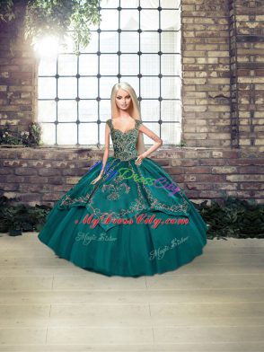 Simple Straps Sleeveless Sweet 16 Dress Floor Length Beading and Embroidery Teal Tulle