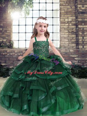 Green Sleeveless Floor Length Beading and Ruffles Lace Up Pageant Gowns