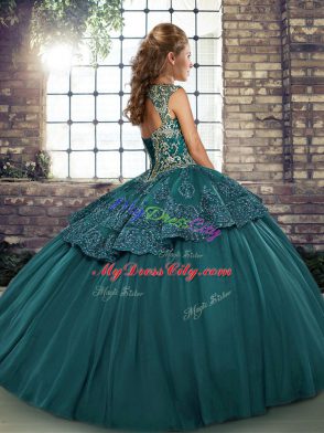 Brown Ball Gowns Beading and Appliques 15 Quinceanera Dress Lace Up Tulle Sleeveless Floor Length