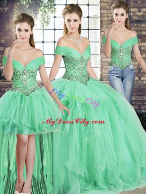 Apple Green Tulle Lace Up Off The Shoulder Sleeveless Floor Length Sweet 16 Dresses Beading and Ruffles