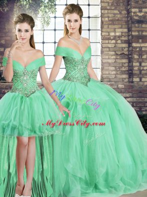 Apple Green Tulle Lace Up Off The Shoulder Sleeveless Floor Length Sweet 16 Dresses Beading and Ruffles