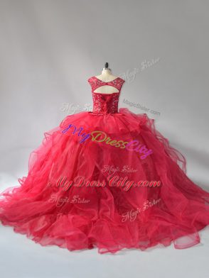 Wine Red Sleeveless Beading and Ruffles Lace Up Sweet 16 Dress