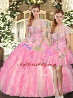 Floor Length Baby Pink Sweet 16 Dresses Strapless Sleeveless Lace Up