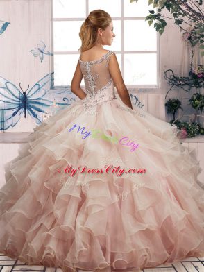 Romantic Sleeveless Organza Floor Length Zipper Vestidos de Quinceanera in Fuchsia with Beading and Ruffles