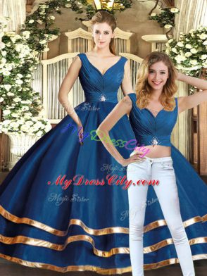 Beauteous Floor Length Two Pieces Sleeveless Navy Blue 15th Birthday Dress Backless