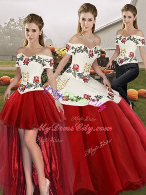 Sophisticated White And Red Off The Shoulder Lace Up Embroidery Sweet 16 Quinceanera Dress Sleeveless