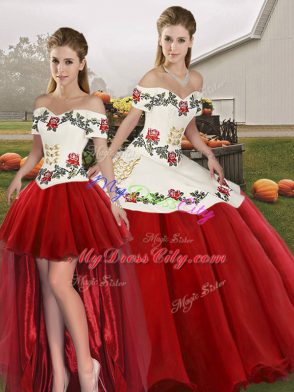 Sophisticated White And Red Off The Shoulder Lace Up Embroidery Sweet 16 Quinceanera Dress Sleeveless