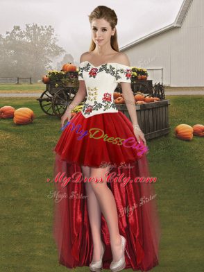 Sophisticated White And Red Off The Shoulder Lace Up Embroidery Sweet 16 Quinceanera Dress Sleeveless