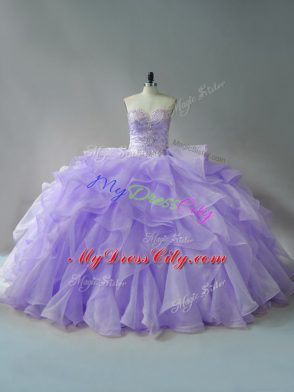 Perfect Sleeveless Beading and Ruffles Lace Up Vestidos de Quinceanera with Lavender Brush Train