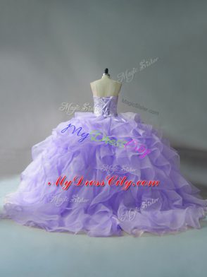 Perfect Sleeveless Beading and Ruffles Lace Up Vestidos de Quinceanera with Lavender Brush Train