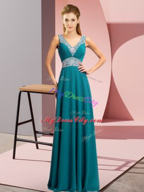 Glittering Chiffon V-neck Sleeveless Lace Up Beading Prom Dresses in Teal