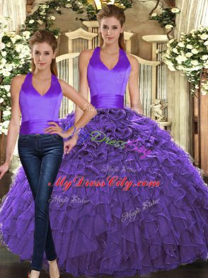 Fashion Purple Lace Up Halter Top Ruffles Quince Ball Gowns Organza Sleeveless