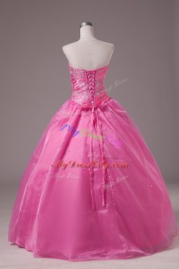 Modern Rose Pink Quinceanera Dresses Sweet 16 and Quinceanera with Embroidery Strapless Sleeveless Lace Up